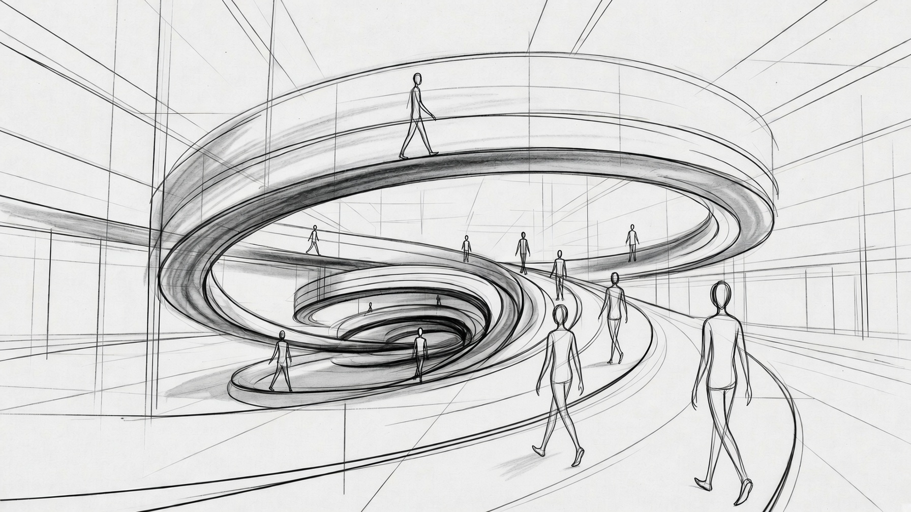 Pencil sketch of people walking a continuous spiral ramp inside a large open building, each figure on a different turn of the same path.