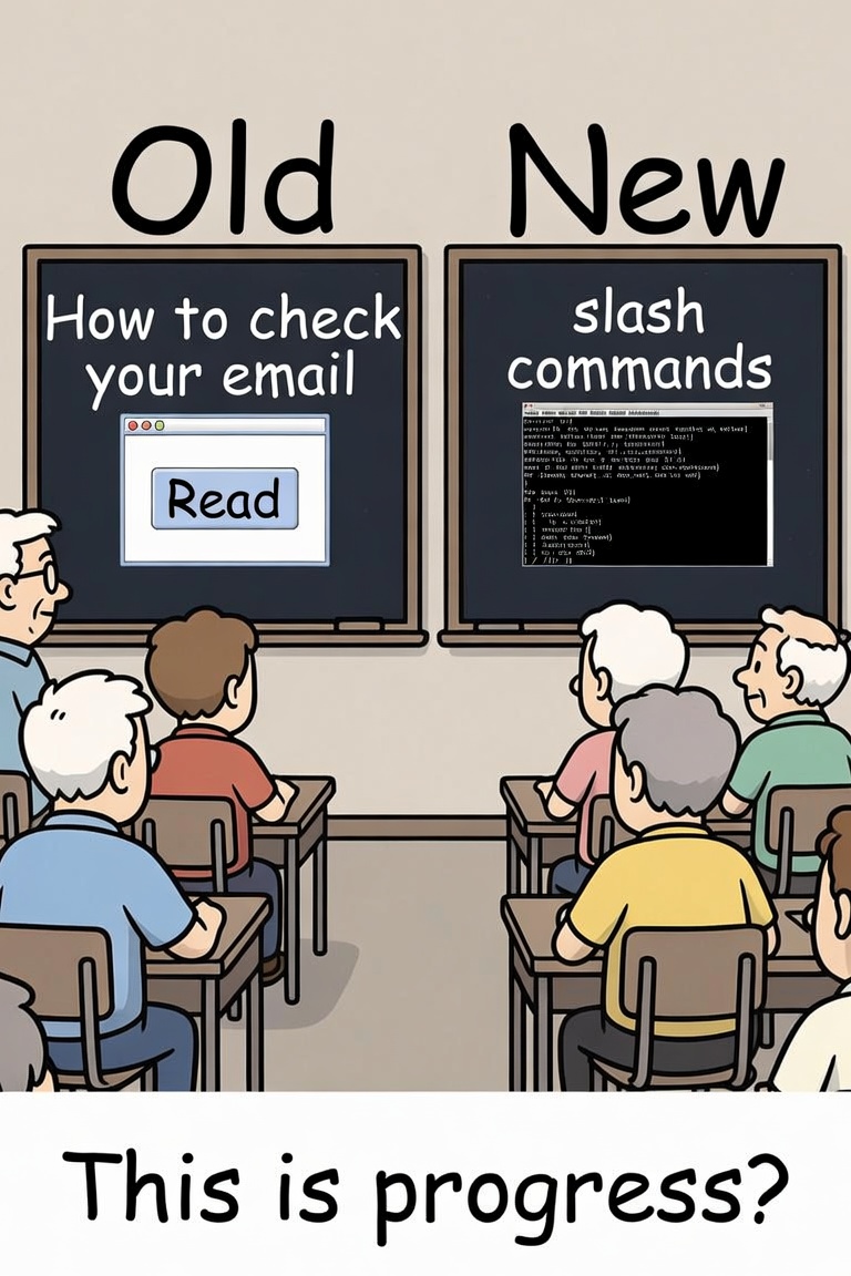 Cartoon comparing Old classroom teaching how to check email with a Read button versus New classroom teaching slash commands on a terminal, captioned This is progress?