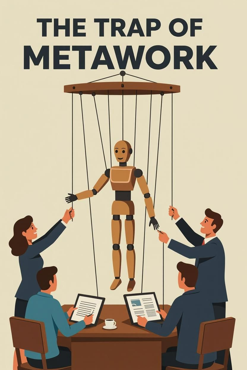 Illustration titled The Trap of Metawork: office workers pull marionette strings of a wooden figure while managing tablets and laptops